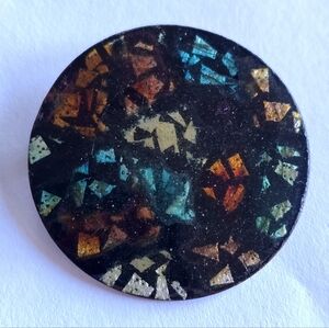 Vintage copper brooch enameled enamel round disc black pin